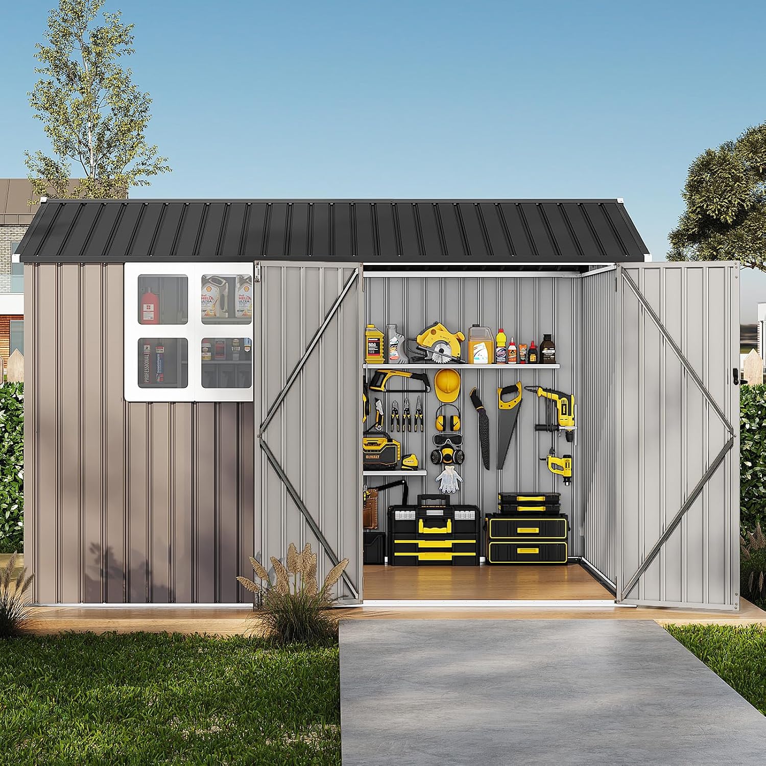 10x8FT Outdoor Steel Storage Shed with Clear Window, Lockable Doors, Weather-Resistant Metal Tool Shed for Garden, Backyard, Patio, and Utility Storage,Brown