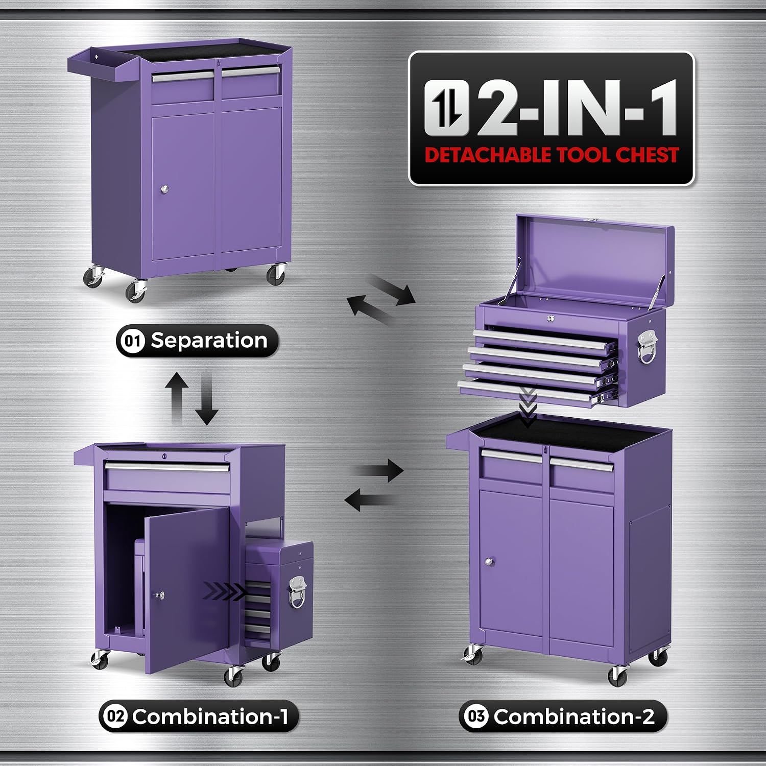 5-Drawer Rolling Tool Chest - Heavy-Duty Steel Tool Cabinet with Detachable Top Box, Locking Wheels & Security System for Garage/Workshop, 2-in-1 Design (Purple)