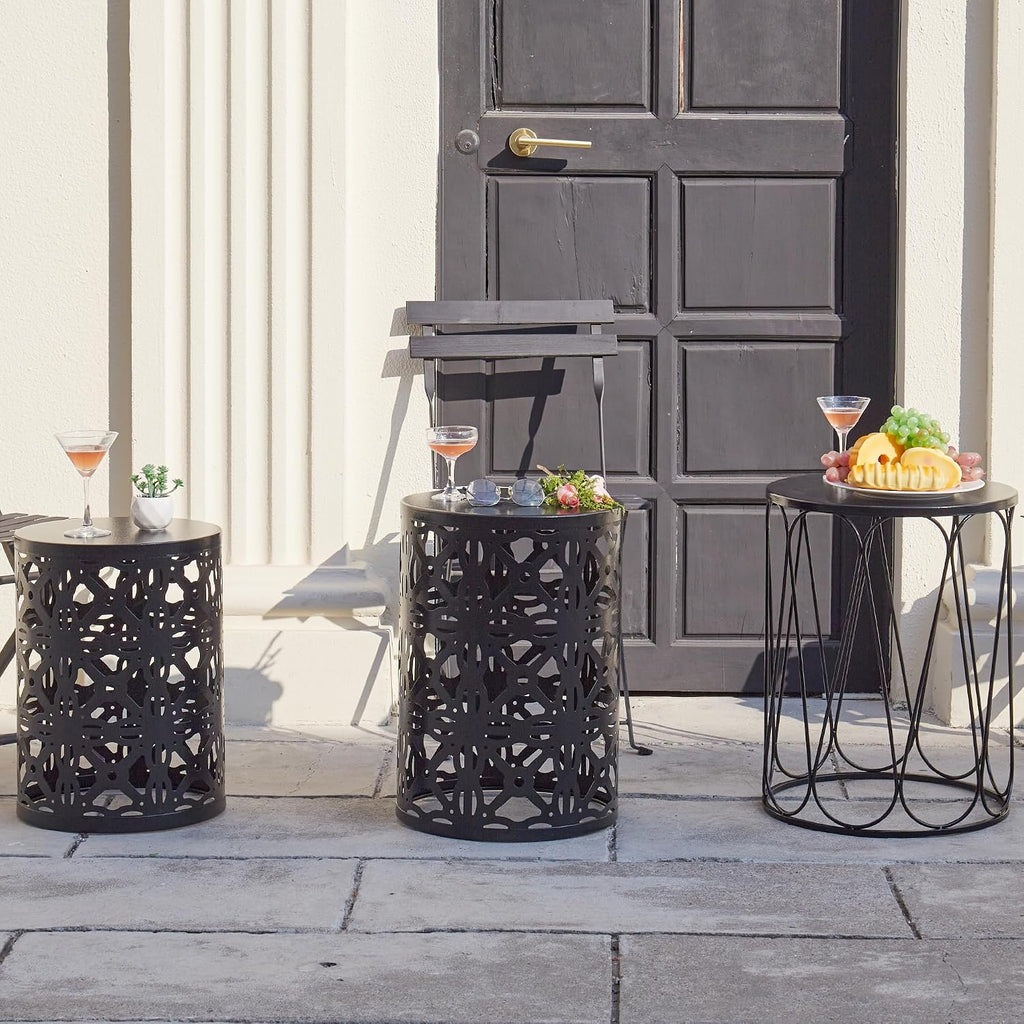 Y&M Set of 3 Garden Black Accent Decorative Stool, Nesting Metal Round Coffee Table, Black End Tables, Heavy Duty Meta Plant Stand Decorative Garden Stool, Outdoor Multifunctional Use