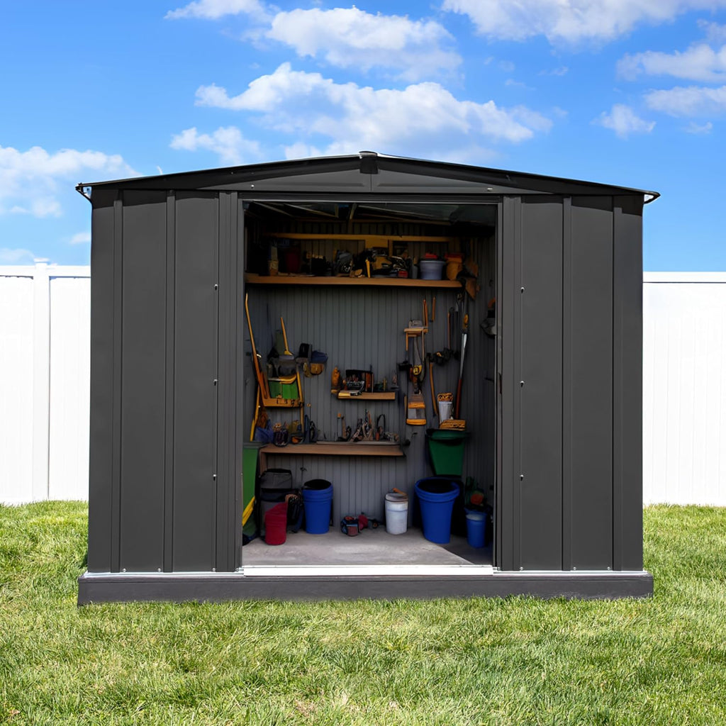8x8 Metal Outdoor Galvanized Steel Storage Shed with Sliding Double Lockable Doors for Backyard or Patio Storage of Bikes, Grills, Supplies, Tools, Toys, for Lawn, Garden, and Camping, Dark Grey