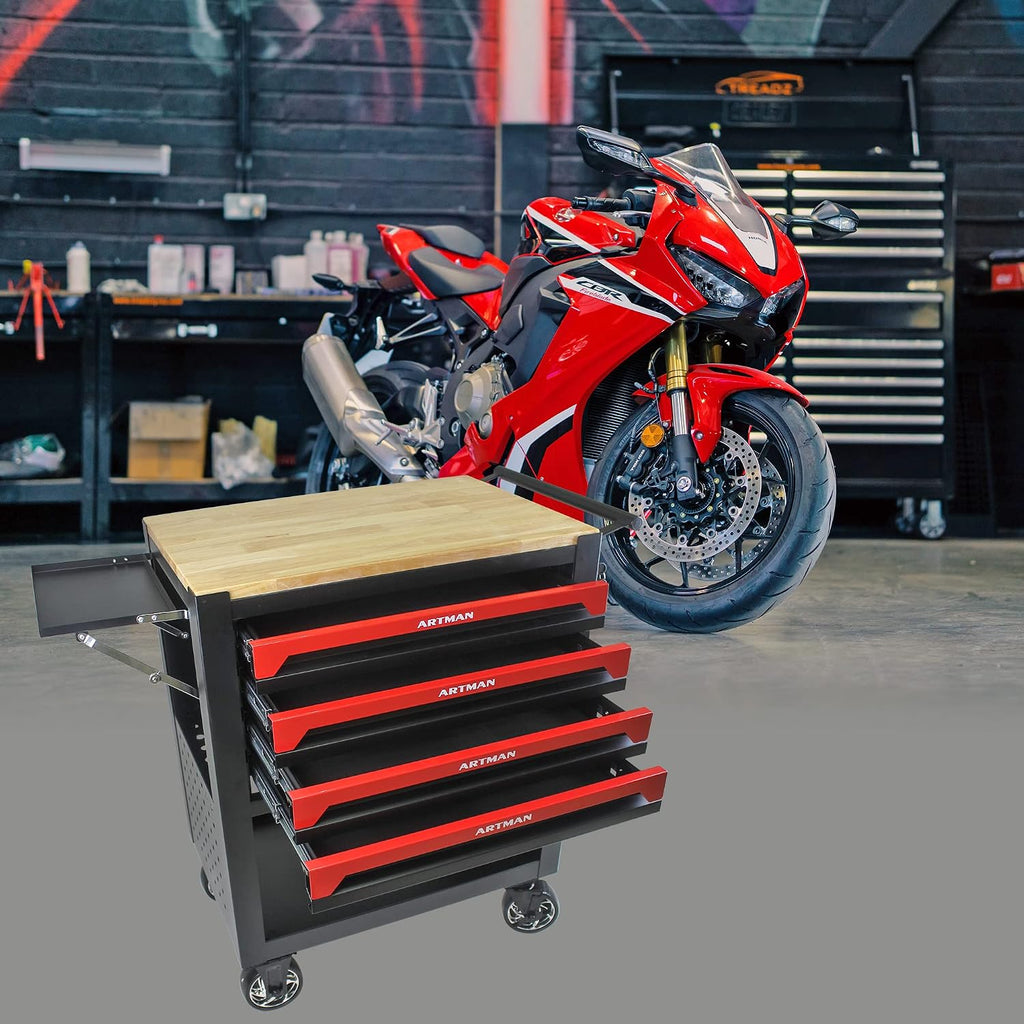 4 Drawers Tool Chest on Wheels,Tool Storage Cart with Wooden Top,Drawers Rolling Tool Box Organizer Tool Case with Lock for Garage,Warehouse,Workshop,Repair Shop (4 Drawers-35.4'H-Black&Red)