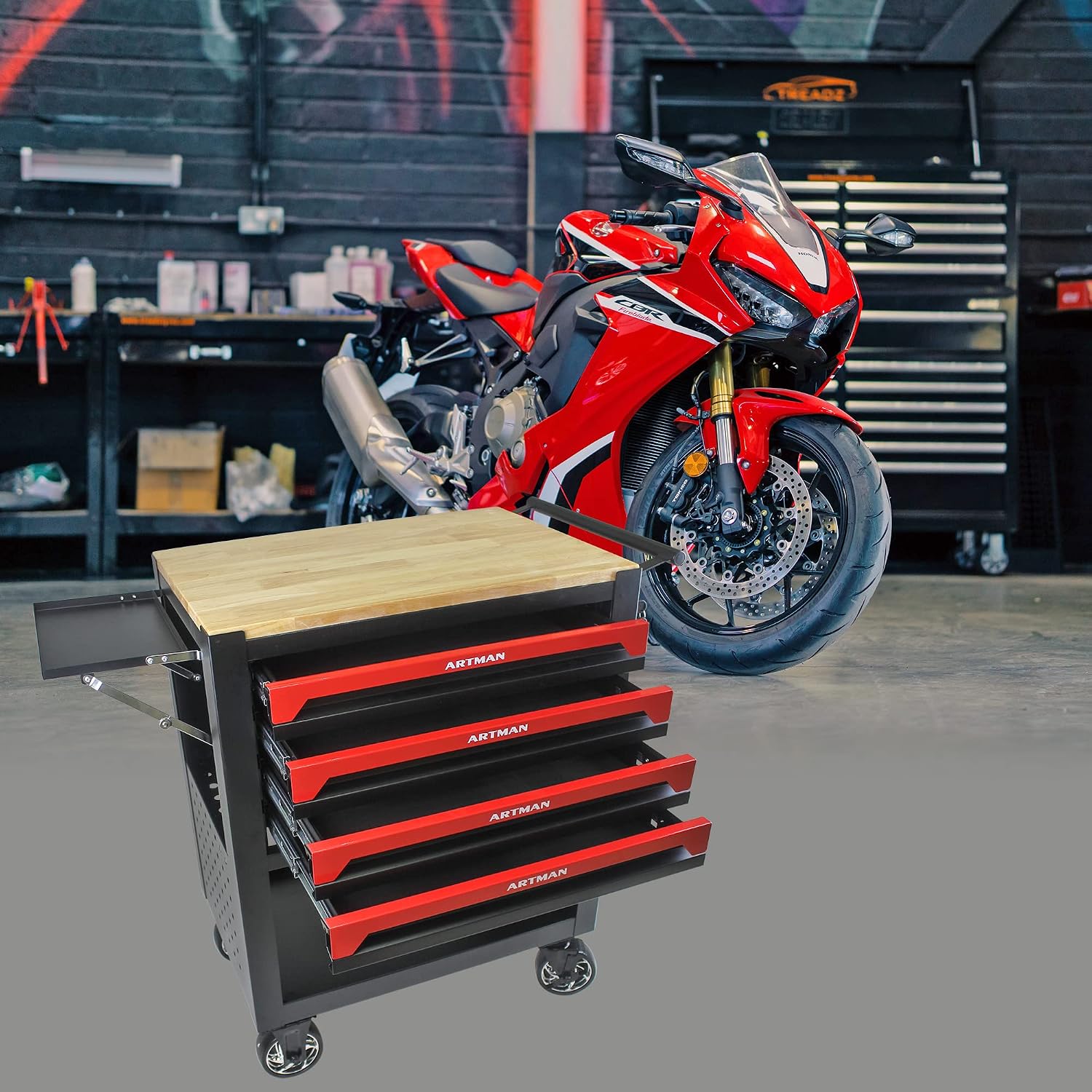 4 Drawers Tool Chest on Wheels,Tool Storage Cart with Wooden Top,Drawers Rolling Tool Box Organizer Tool Case with Lock for Garage,Warehouse,Workshop,Repair Shop (4 Drawers-35.4'H-Black&Red)