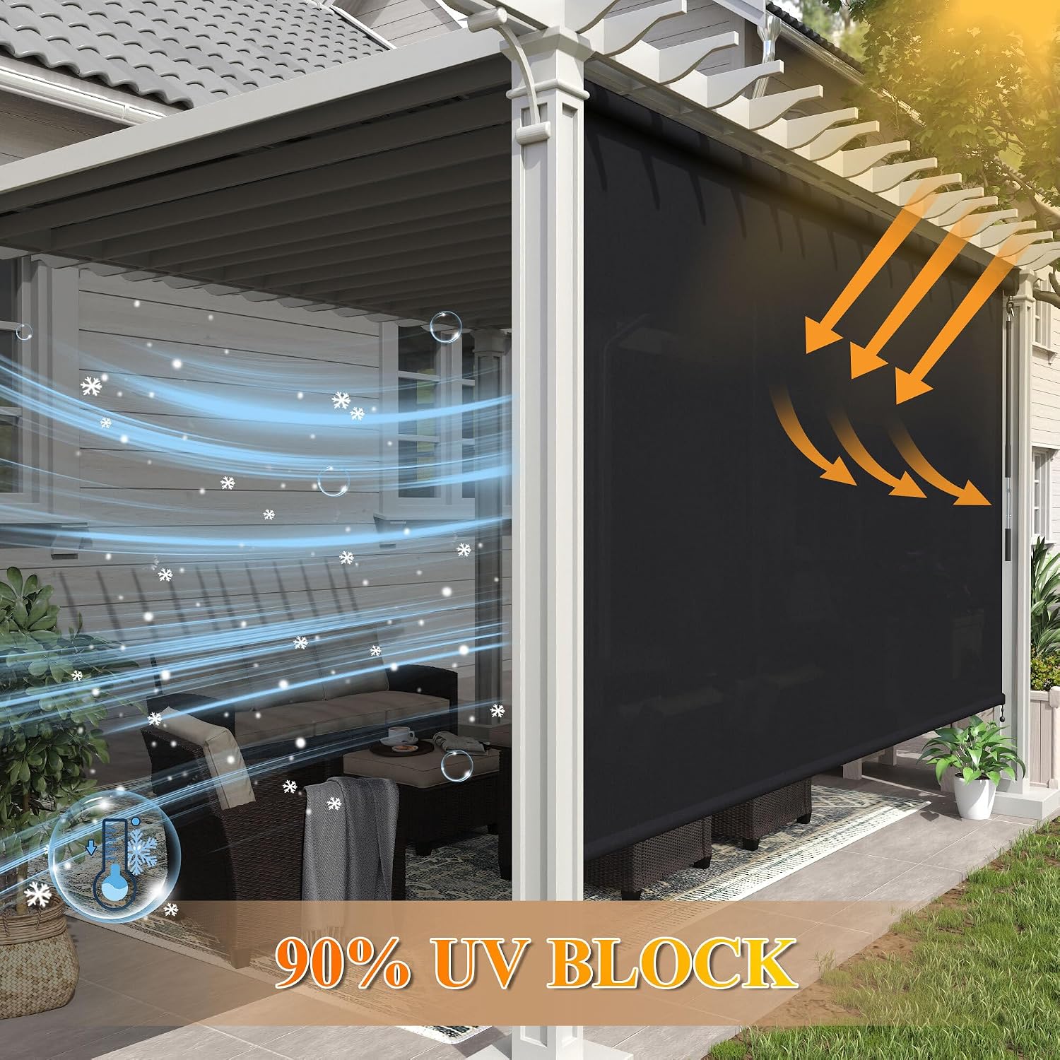 Outdoor Roller Shade 120' W x 96' H, Exterior Cordless Blinds with Splicing Design, UV Protection Roll Up Shade for Patio, Porch, Gazebo, Pergola, Graphite