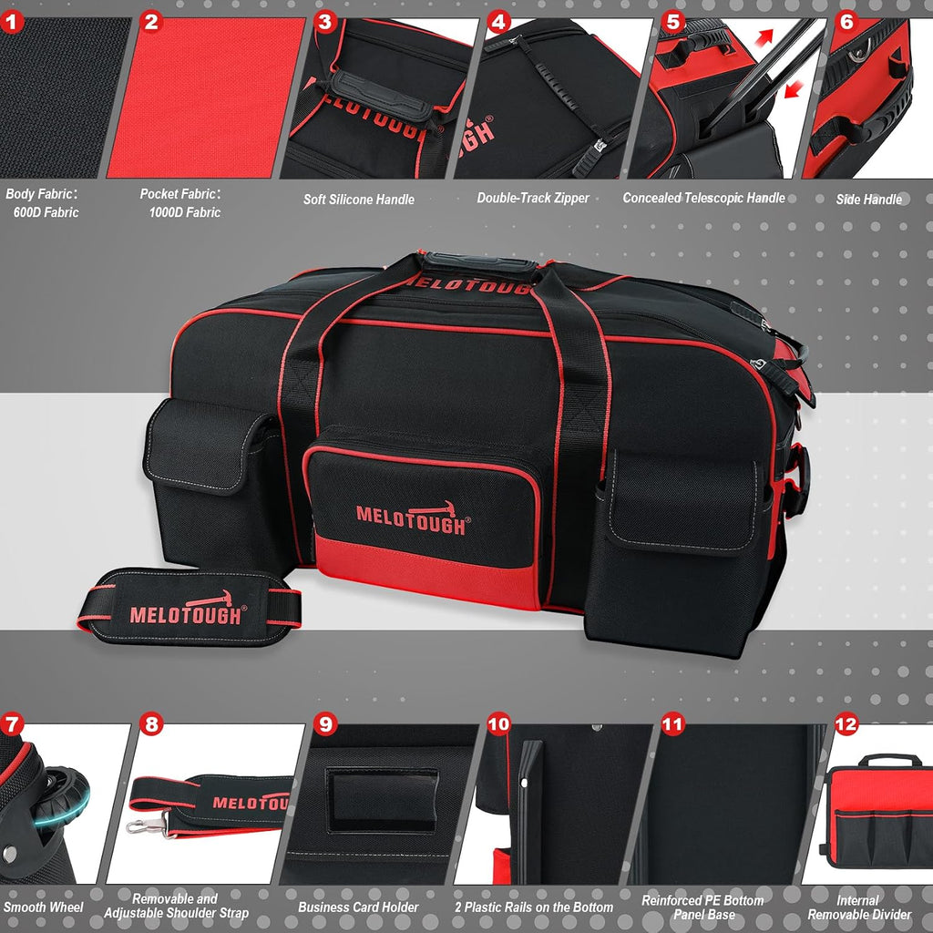 MELOTOUGH Rolling Tool Bag with Wheels,Large Capacity Tool Bag Organizer with Concealed Telescoping Handle for Electrician,Construction,HVAC,Technician (Red/Black)