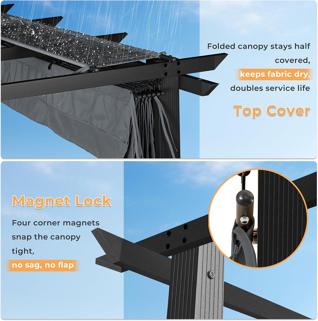 HAPPATIO 10' X 13' Retractable Pergola with Sun Shade Canopy, Patio Aluminum Frame Shelter for Backyards, Gardens, Porch, Includes Ground Studs and Expansion Screws (Grey)