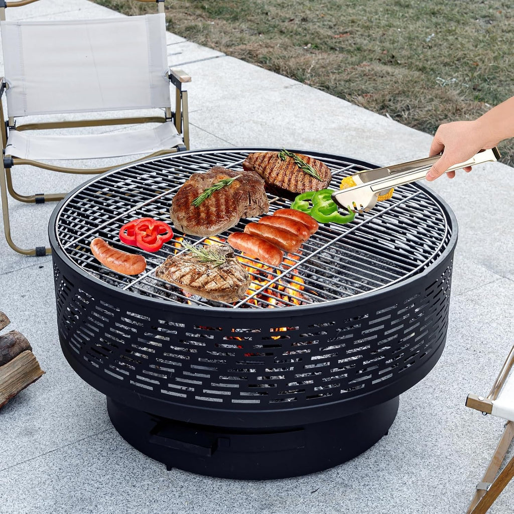 OutVue 32' Wood Burning Fire Pits with Grill & Lid, Fire Pit Table for Outside with Waterproof Cover & Fire Poker, Outdoor Firepit with Functions for BBQ,Table and Bonfire