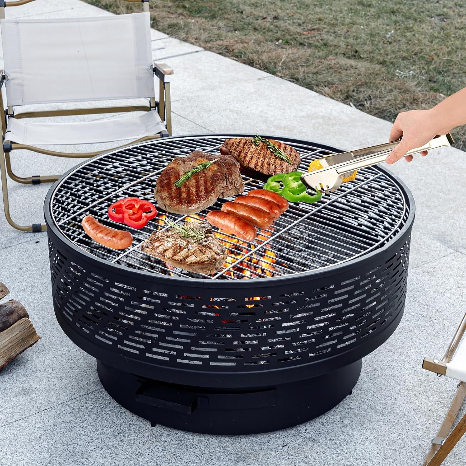 OutVue 32' Wood Burning Fire Pits with Grill & Lid, Fire Pit Table for Outside with Waterproof Cover & Fire Poker, Outdoor Firepit with Functions for BBQ,Table and Bonfire