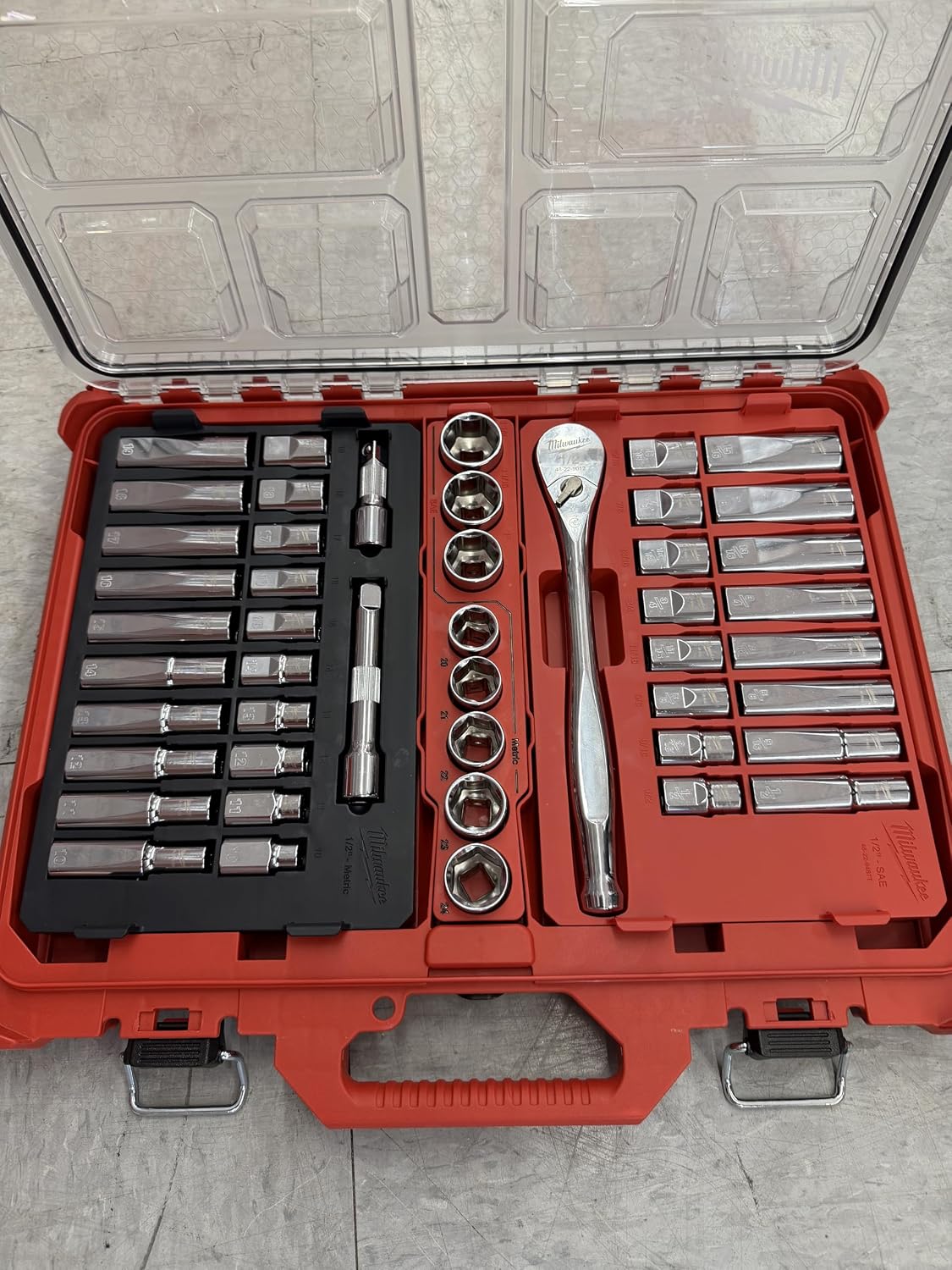 . Milwaukee 47 Pc 1/2' Drive Ratchet & Socket Set with PACKOUT Low-Profile Organizer
