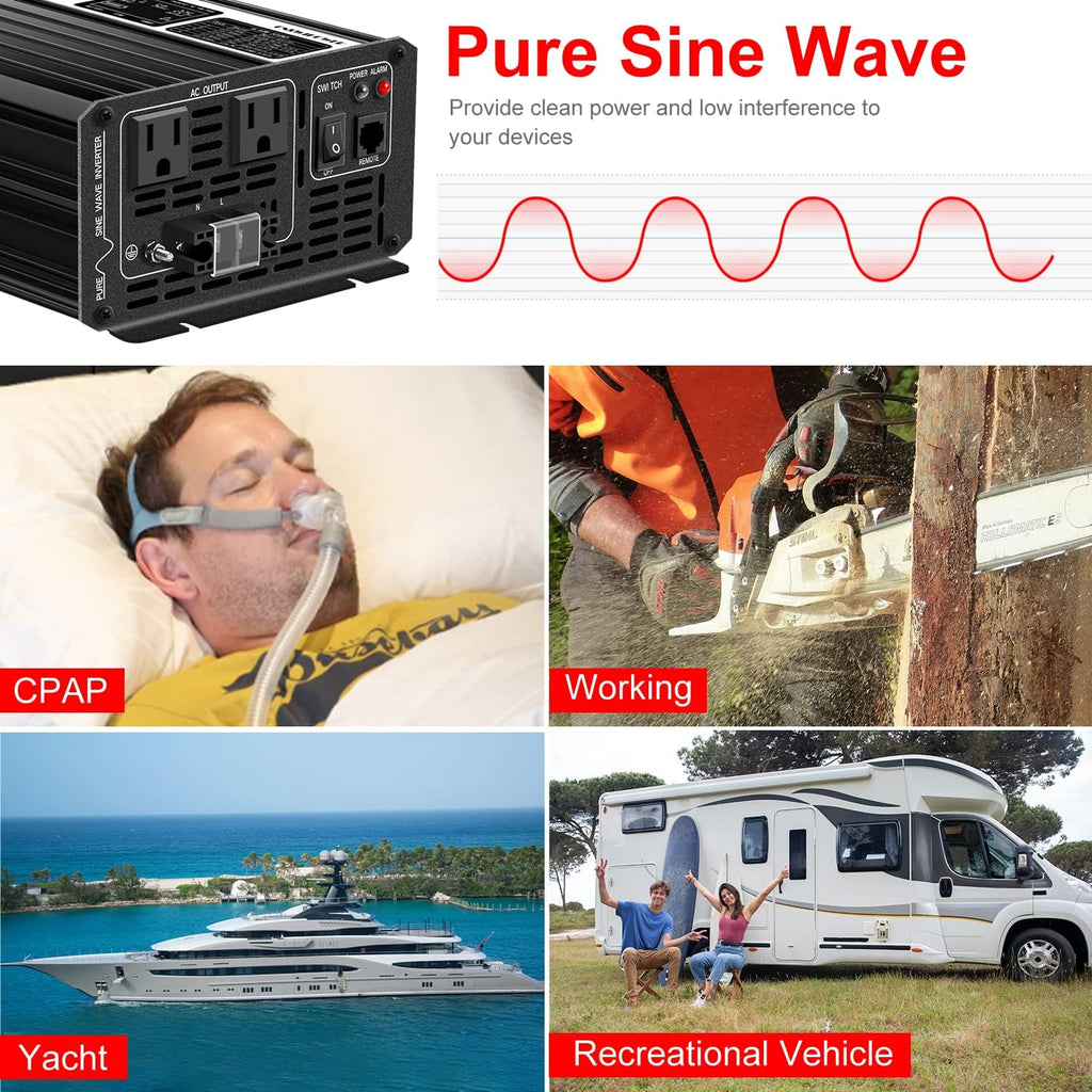 Xijia 1500W Power Inverter，12V to 120V Pure Sine Wave Inverter，Surge 3000W Solar Converter for Truck，Home Backup Solar Systems ，with Bluetooth Remote Control