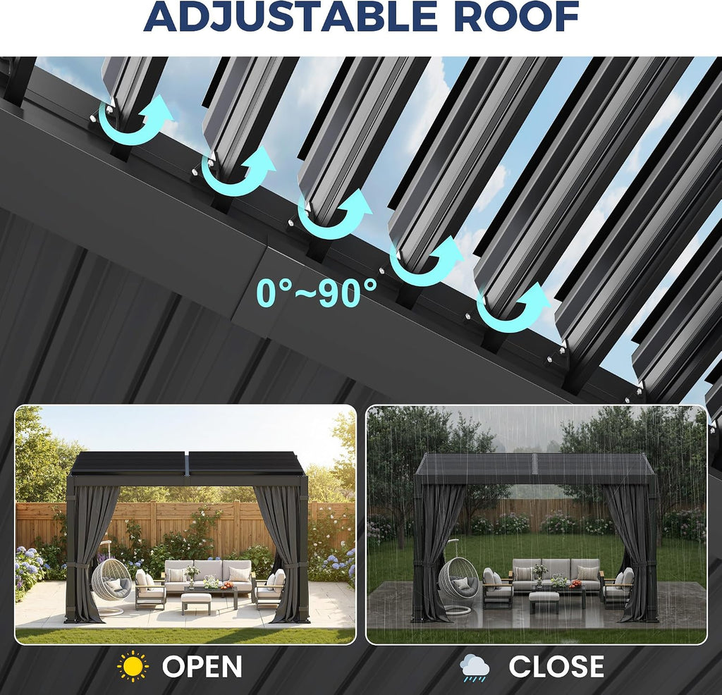 10' x 12' Louvered Pergola, Outdoor Pergola with Metal Adjustable Louvered Roof & Gutter System, Hardtop Patio Gazebo for Backyard, Patio, Garden, Dark Gray