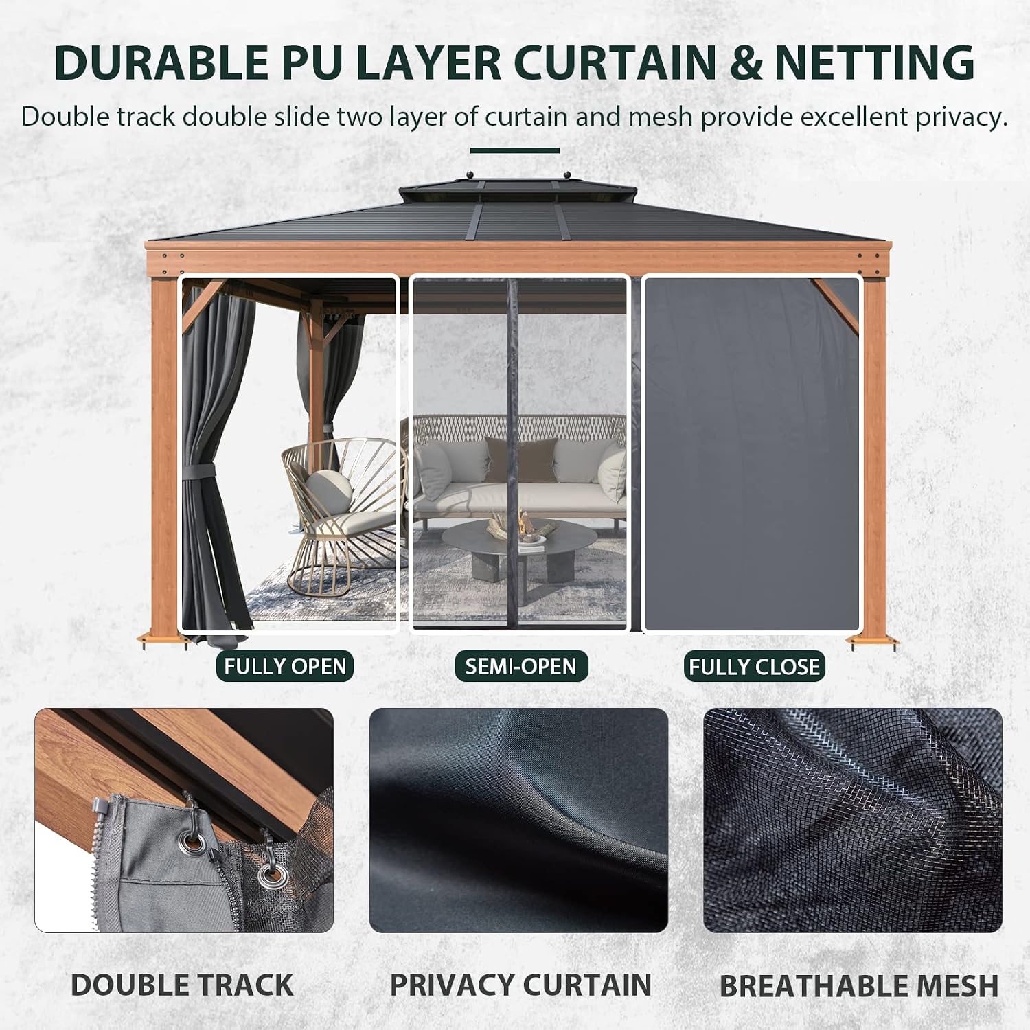 MELLCOM 10'x13' Gazebo, Wood Grain Aluminum Frame Canopy with Double Galvanized Steel Hardtop Roof, Outdoor Permanent Metal Pavilion with Curtains and Nettings for Patio,Backyard and Deck