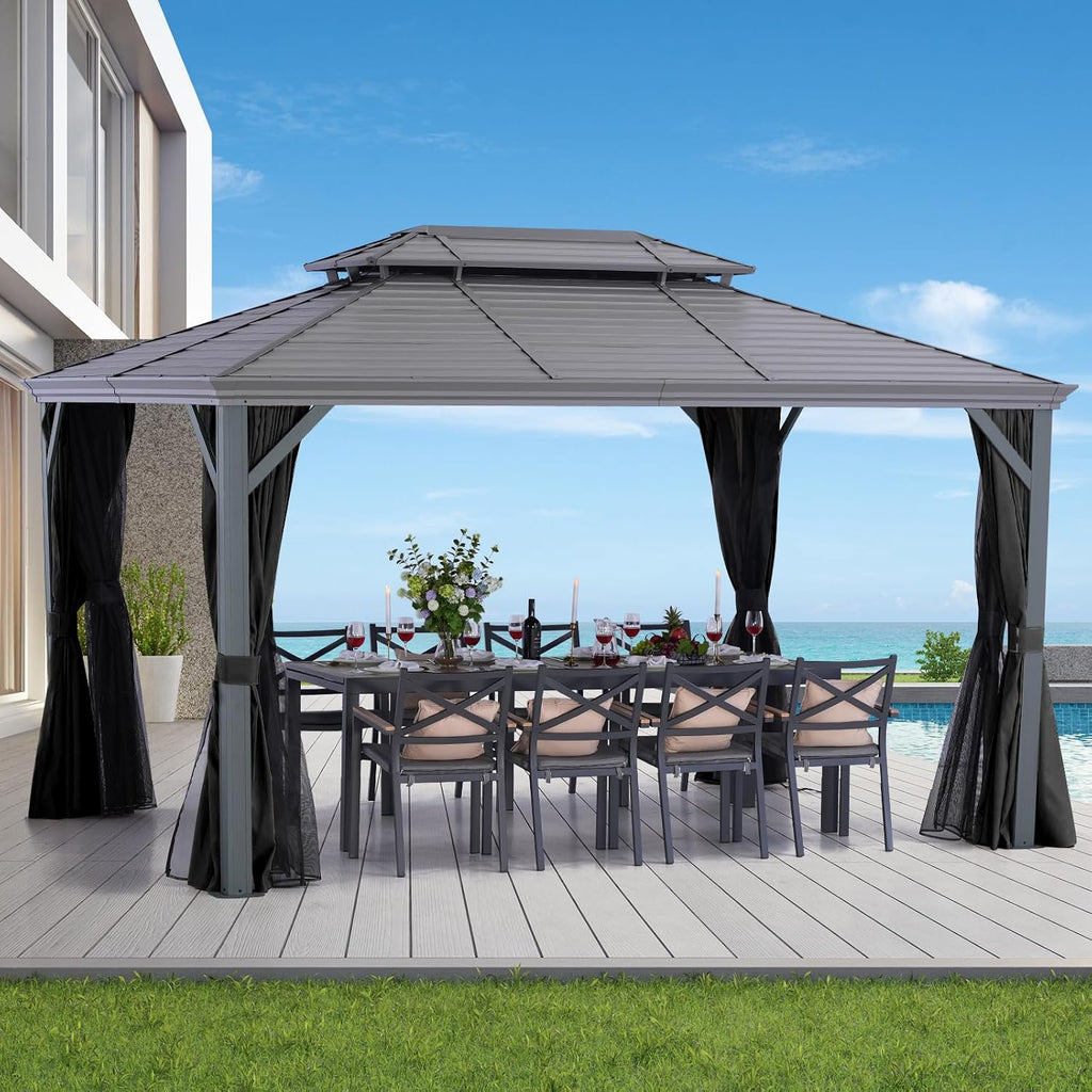 LeDoasis Nova 10' X 13' Hardtop Gazebo, Aluminum Frame Canopy, Double Galvanized Steel Outdoor Gazebo with Netting and Curtains, for Garden,Patio,Lawns,Parties