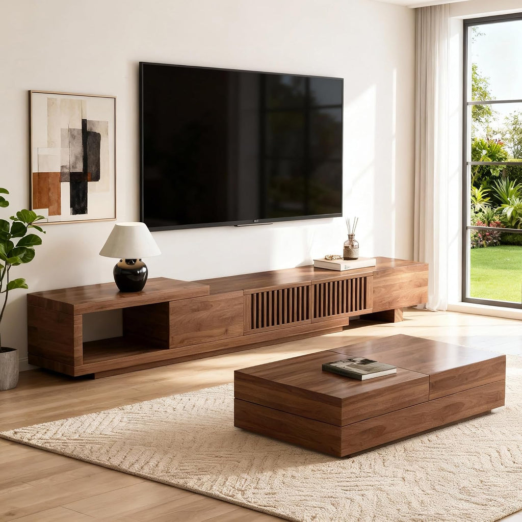78.5'-105' Mid-Century Modern Extendable TV Stand, Walnut Media Console with 2 Drawers and 2 Cabinets, Fits TVs up to 100 Inches for Living Room or Bedroom