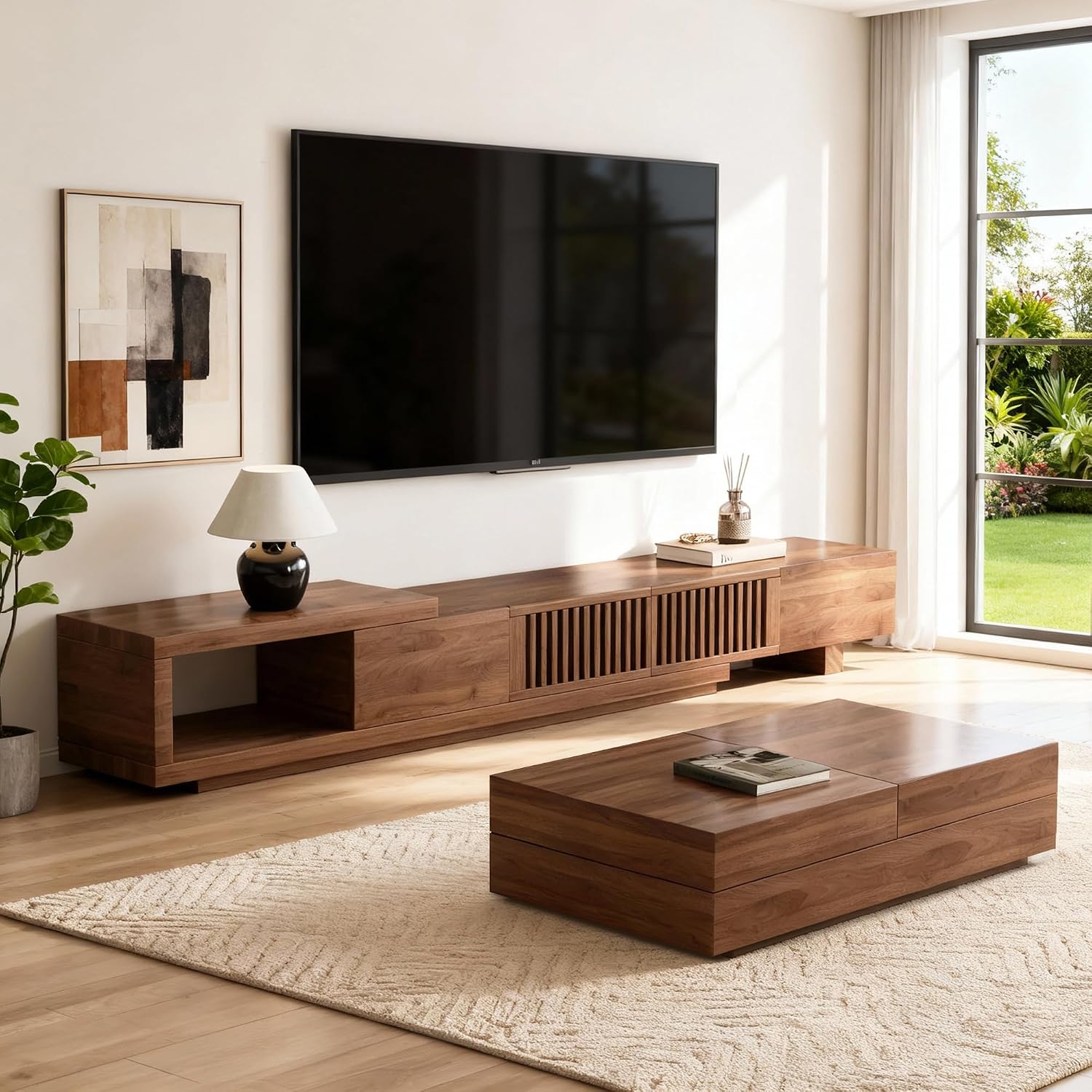78.5'-105' Mid-Century Modern Extendable TV Stand, Walnut Media Console with 2 Drawers and 2 Cabinets, Fits TVs up to 100 Inches for Living Room or Bedroom