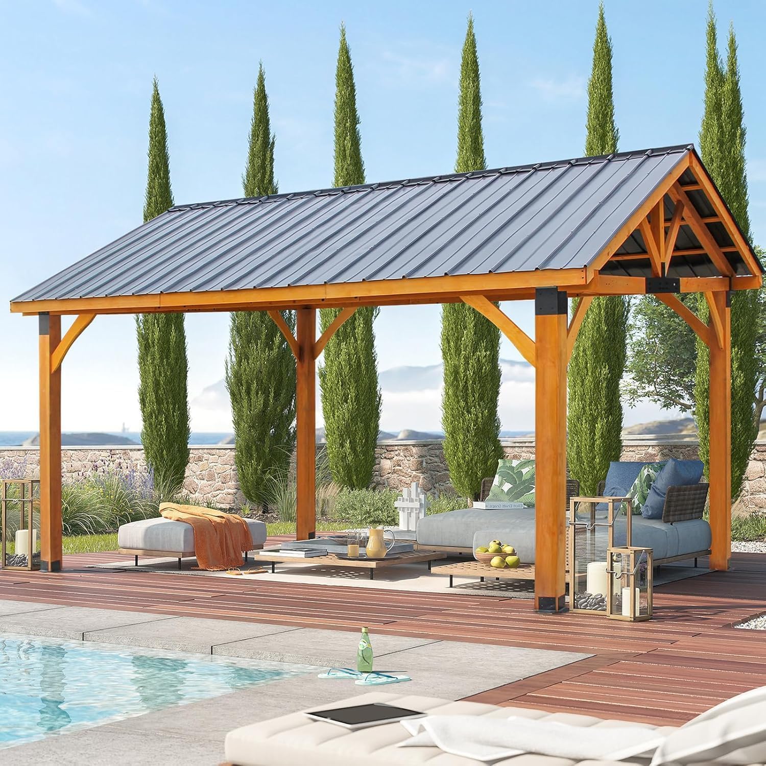 U-MAX 14' x 12' Wooden Gazebo on Clearance, BBQ Gazebo for Outdoor Grill with Thermal Insulated Polycarbonate Pyramid Hip Roof, Pergolas and Gazebos Clearance for Backyard Deck Garden Patio