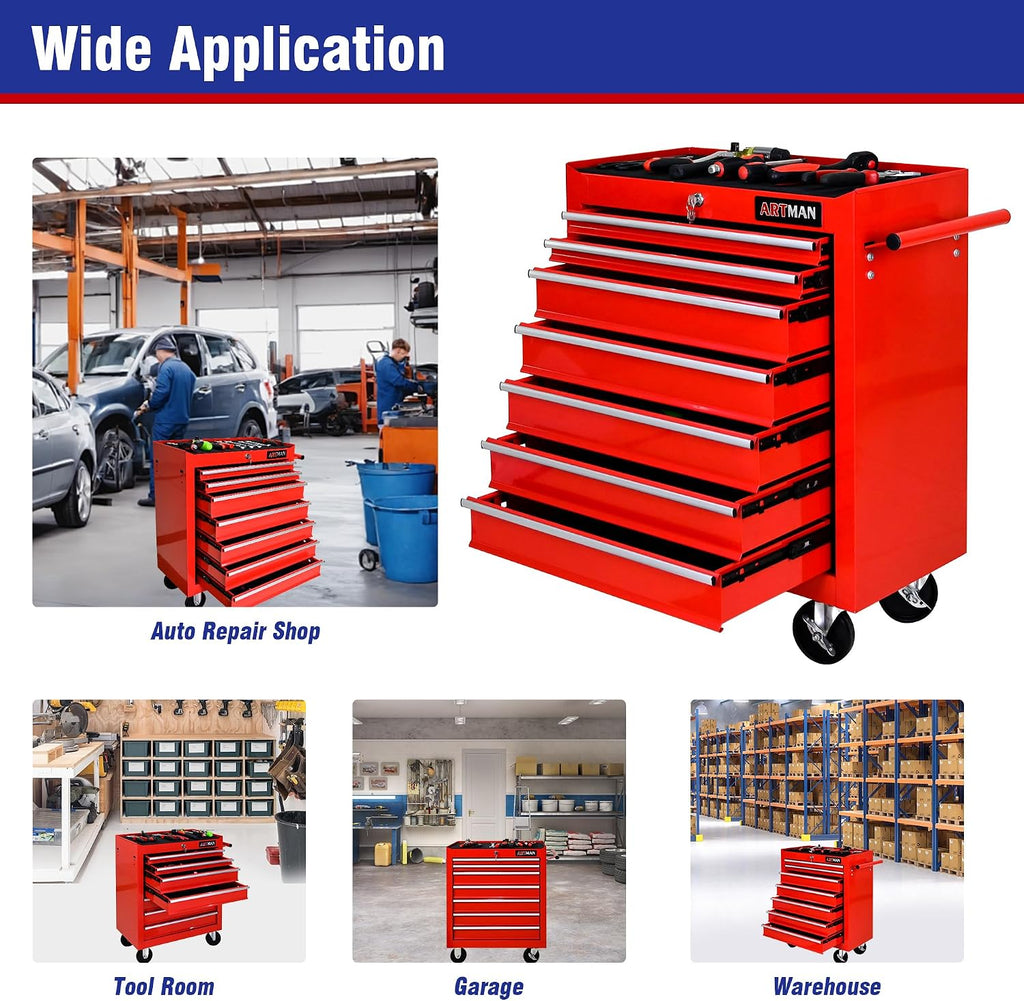 7 Drawers Tool Cart on Wheels, 7 Drawer Rolling Tool Chest with Key Lock, Trolley Organizer Tool Case, Multifunctional Rolling Tool Box for Garage,Warehouse,Workshop,Repair Shop (Red)