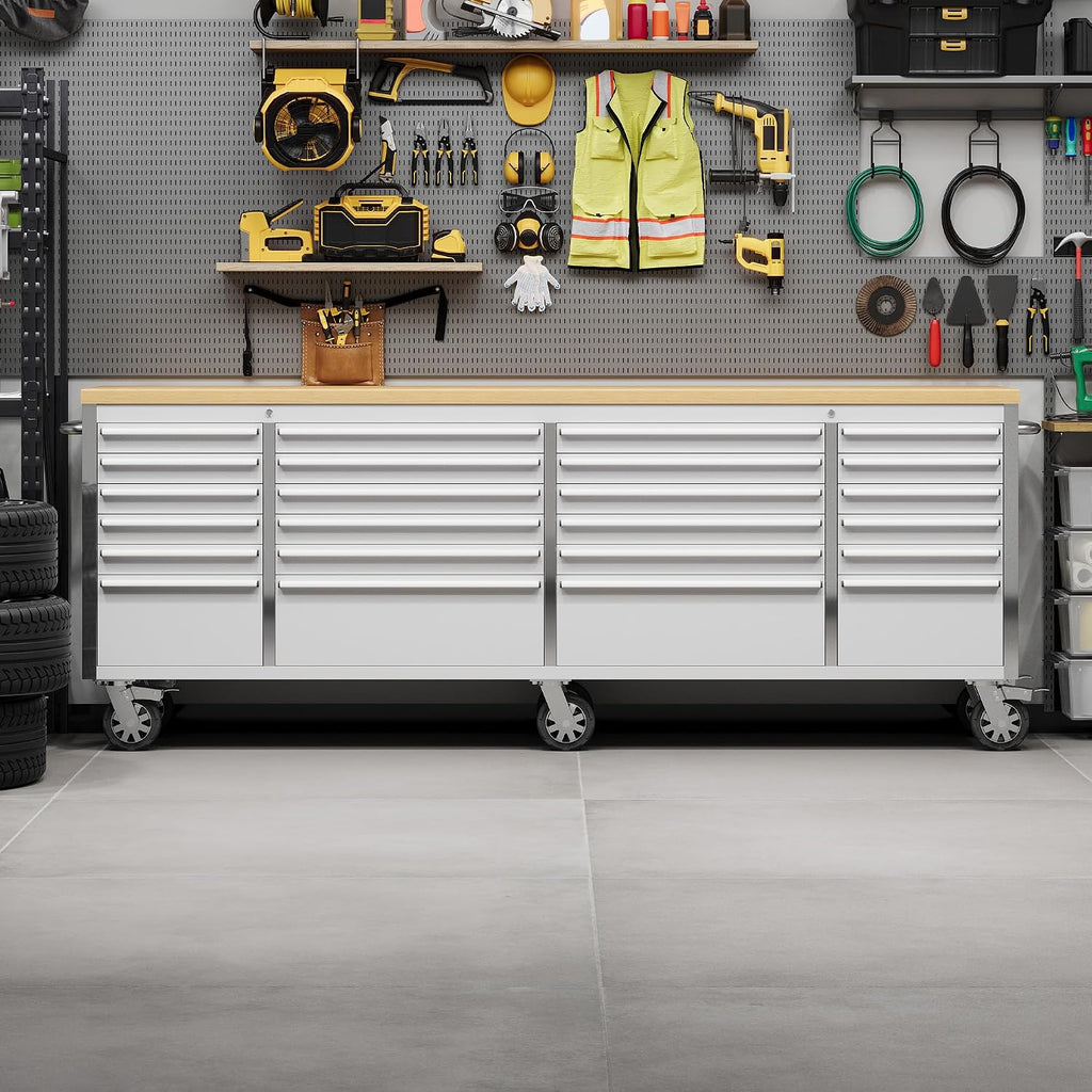 IDEALHOUSE 96 inch Rolling Tool Chest, Garage Workbench with 24 Drawers, Solid Rubber Wood Top & with Wheels Lock Key Locking, Mobile Workstation Tool Cabinet for Workshop Storage