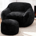 Giant Bean Bag Chair for Adults, Large Memory Foam BeanBag Chairs, Oversized Bean Bag Sofa with Filler, Faux Fur Big Reading Chair Comfy Floor Sofa Chair (Black, Single with Ottoman)