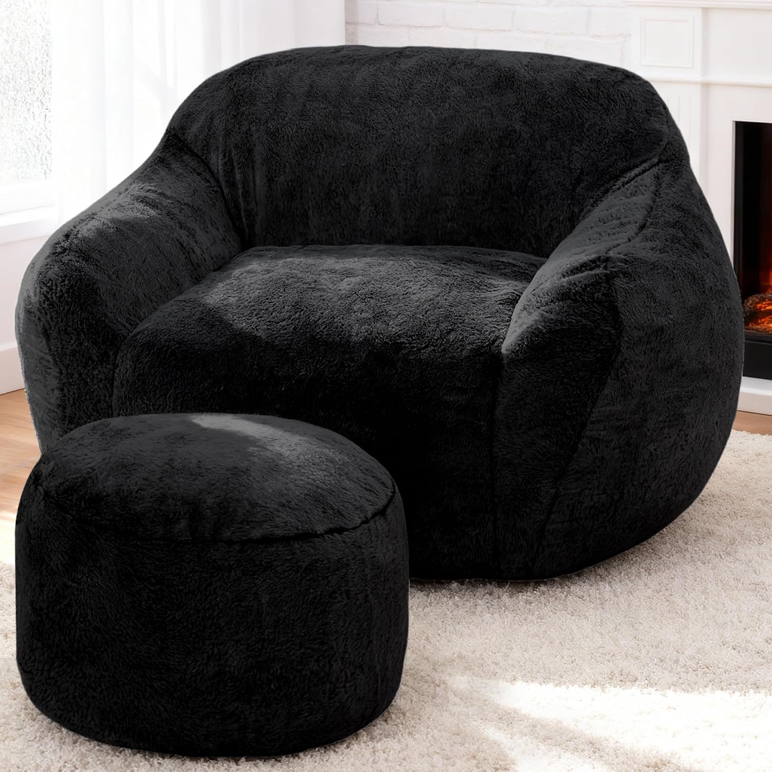 Giant Bean Bag Chair for Adults, Large Memory Foam BeanBag Chairs, Oversized Bean Bag Sofa with Filler, Faux Fur Big Reading Chair Comfy Floor Sofa Chair (Black, Single with Ottoman)