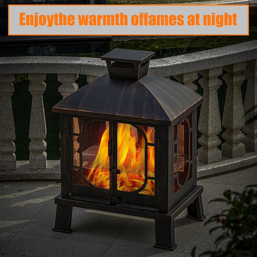 Panovue 45' H×31''W Metal Chiminea Fire Pit with Grill, Wood Burning Fire Pits for Outside,Square Chimineas Fireplace with Mesh Spark Screen Door& Fire Poker for Garden,Yard,BBQ,Bonfire (Black&Gold)