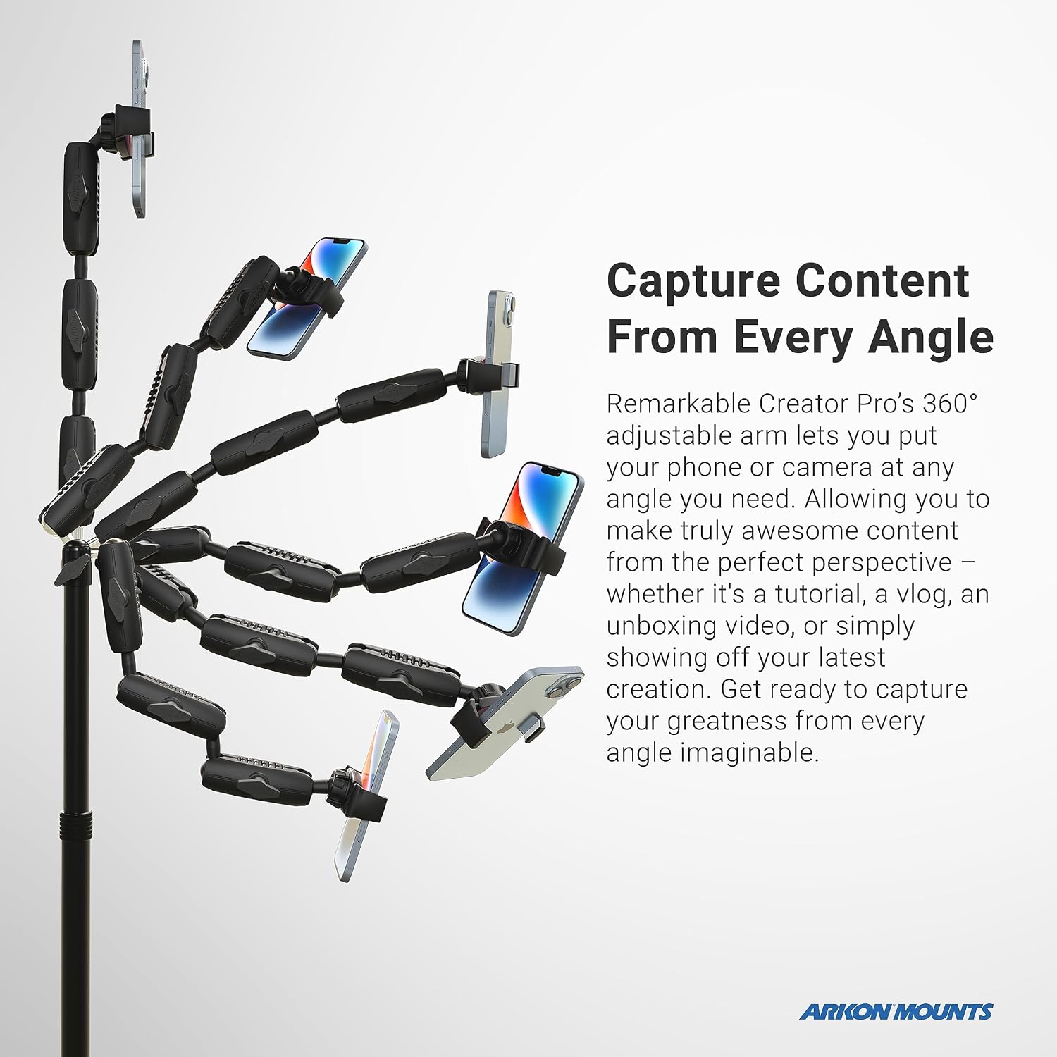 ARKON Mounts Phone Holder Full Kit - Adjustable Overhead Arm Cell Phone Table Top Stand and Tablet Mount with Ring Light - Professional Holders for Horizontal or Vertical Filming