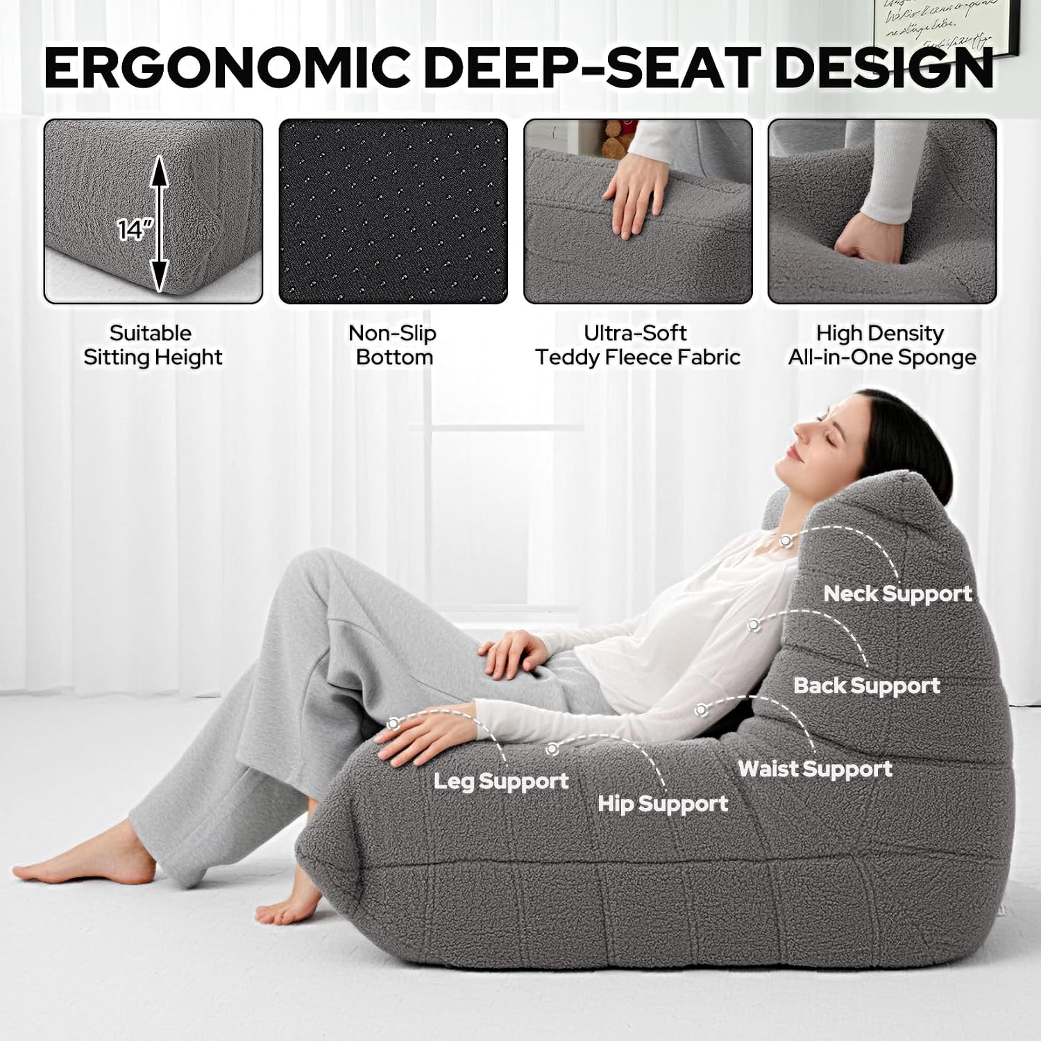 HABUTWAY Bean Bag Chairs Fireside Lazy Floor Sofa, Soft Teddy Fleece Bean Bag Sofa with High-Resilience Foam Filling，Beanbag for Living Room, Bedroom, Office (Dark Grey Teddy)