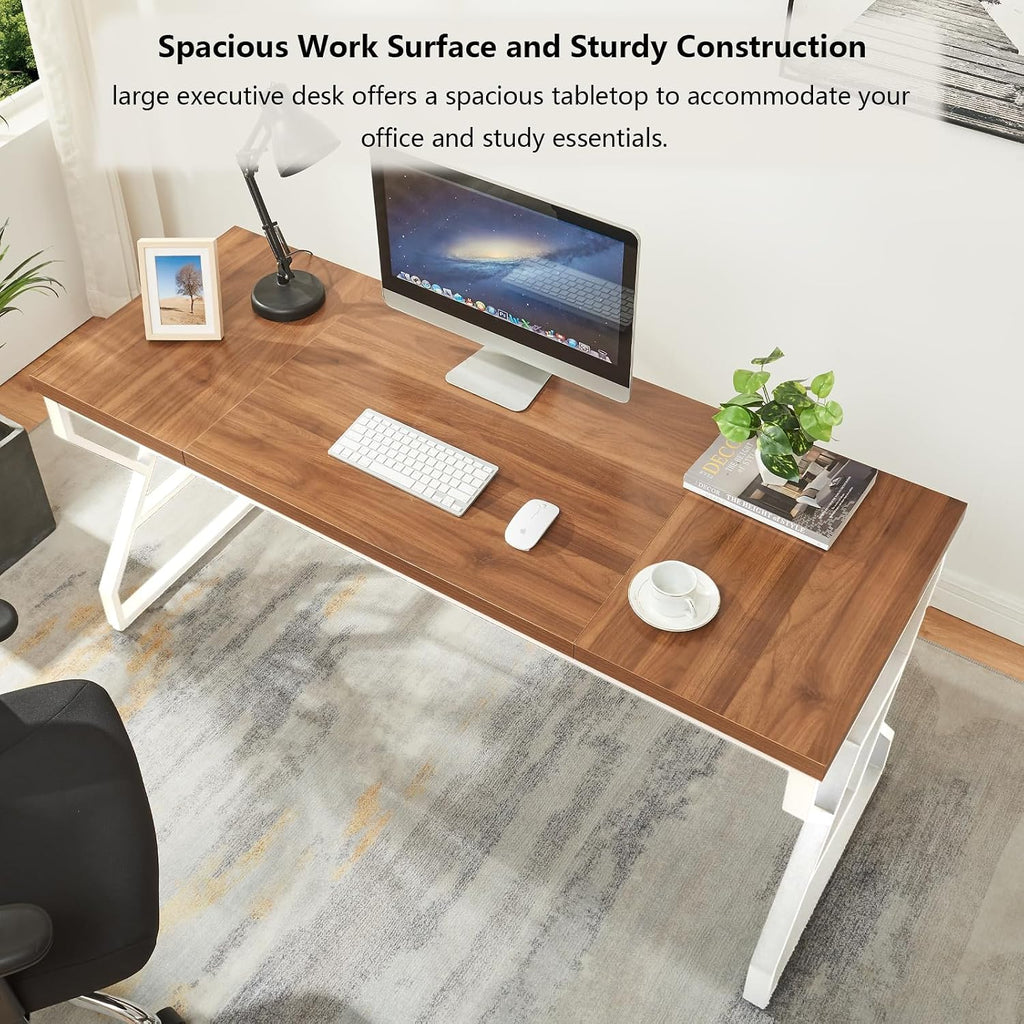 HOMISSUE 63-inch Executive Desk, Large Writing Desk with Engineered Wood Tabletop and Metal Frame, Rustic Home Office Desks with Sturdy Structure, Long Computer Desks for Home Office, Study Room,White
