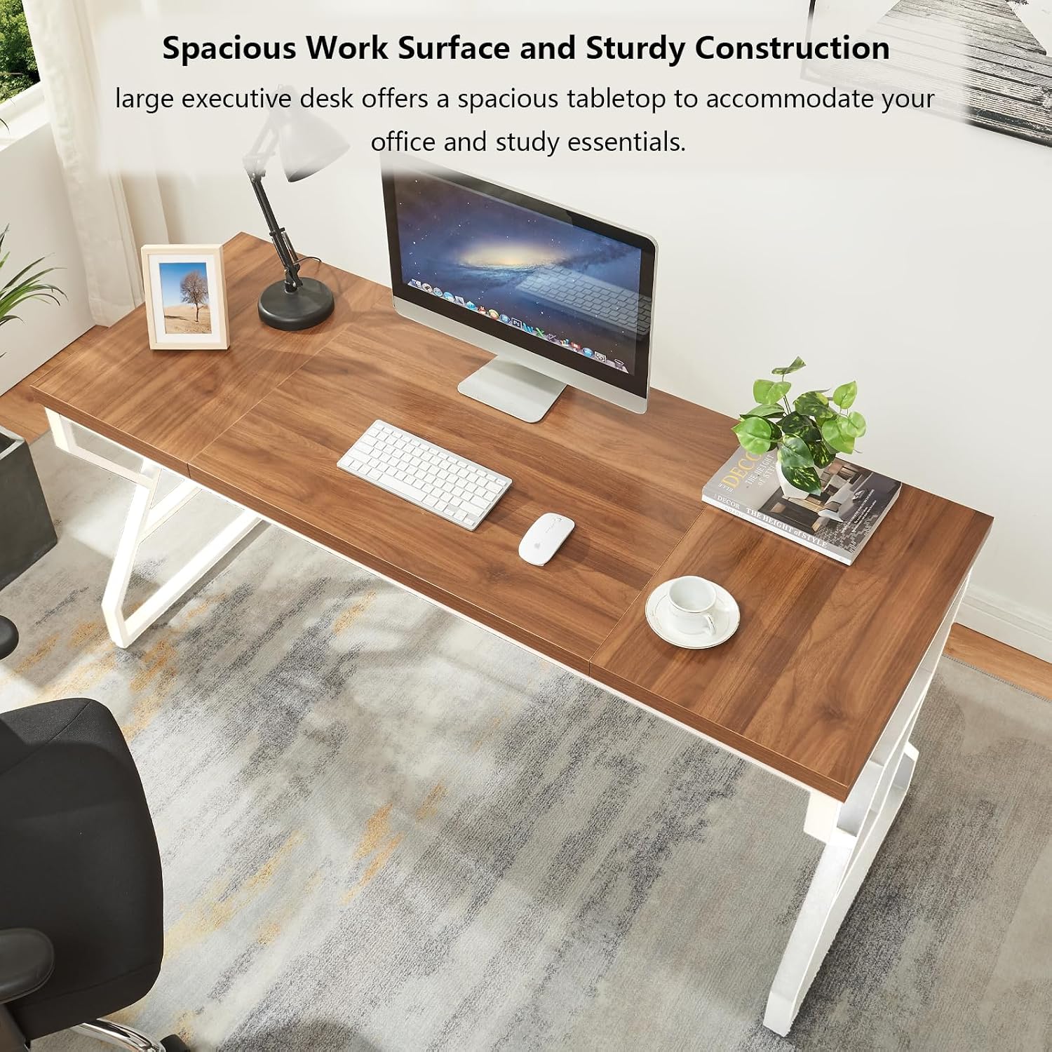 HOMISSUE 63-inch Executive Desk, Large Writing Desk with Engineered Wood Tabletop and Metal Frame, Rustic Home Office Desks with Sturdy Structure, Long Computer Desks for Home Office, Study Room,White