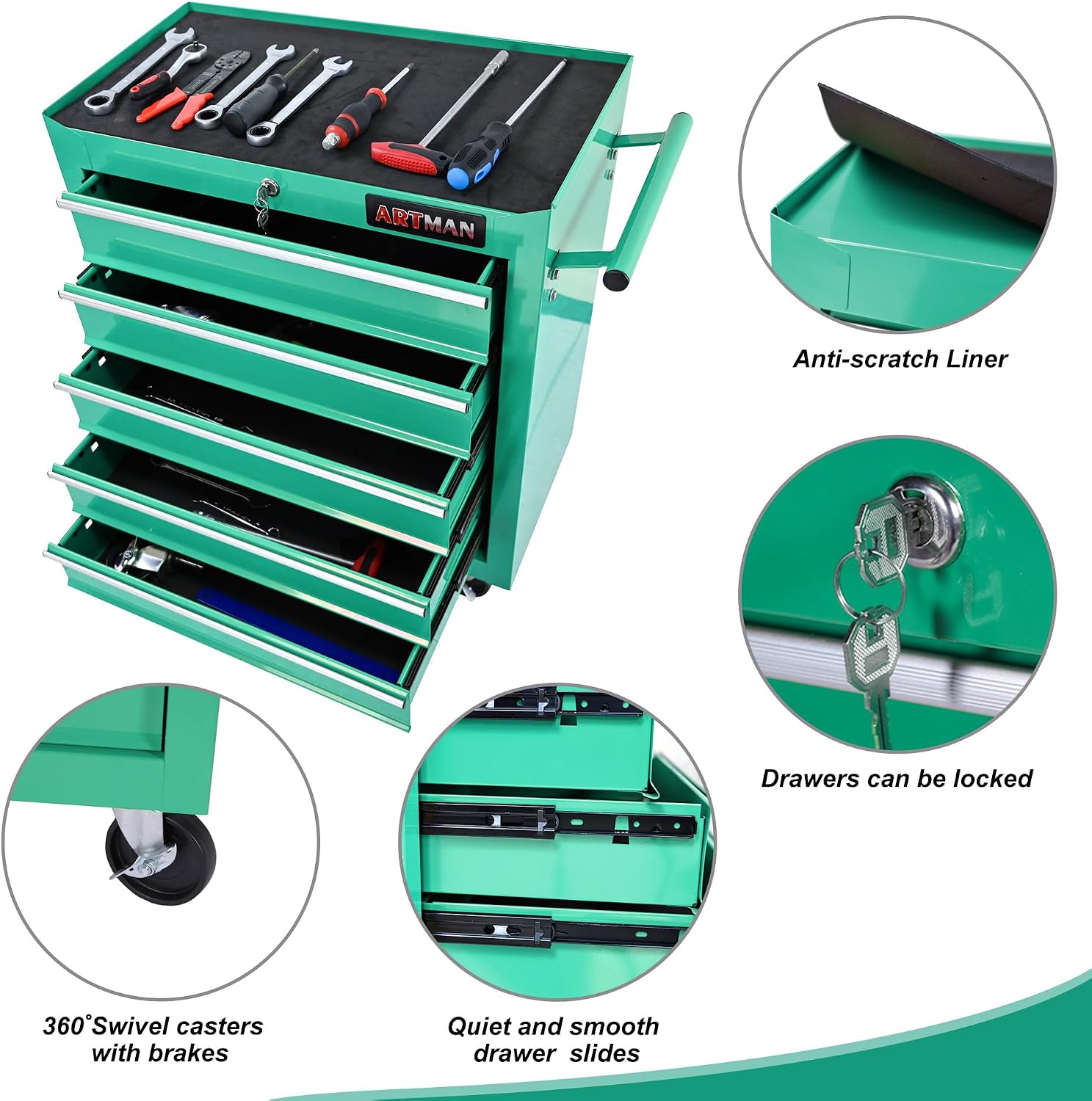 5 Drawers Tool Cart on Wheels, 5 Drawer Rolling Tool Chest with Key Lock, Trolley Organizer Tool Case, Multifunctional Rolling Tool Box for Garage,Warehouse,Workshop,Repair Shop (Green)