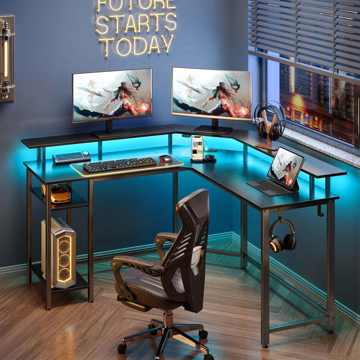 Rolanstar L Shaped Gaming Desk with LED Lights & Power Outlets, 53' Computer Desk with Full Monitor Stand & Storage Shelf, Corner Desk with Hooks, Black Desk Reversible
