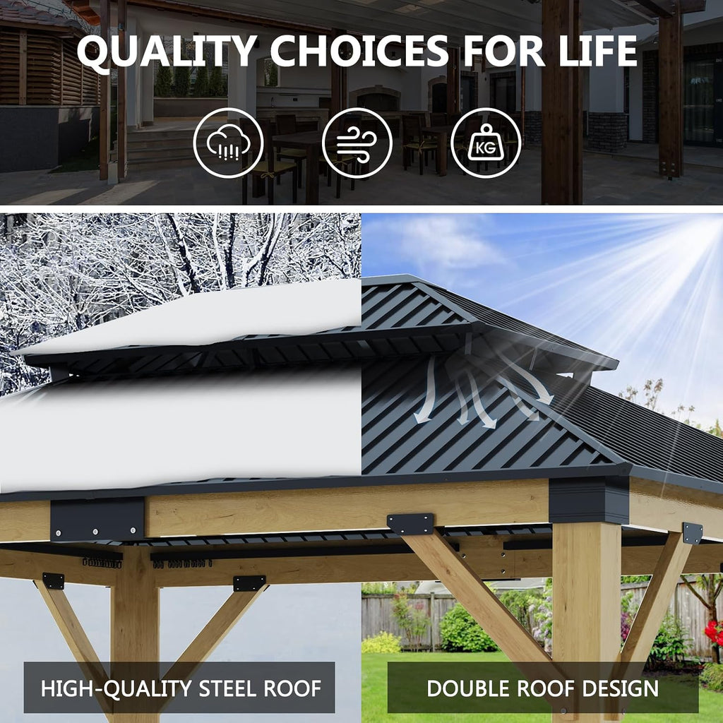 Hartdtop Wood Gazebo 11'x13', Cedar Wooden Gazebos, Outdoor Gazebo with Waterproof Steel Roof, Fit Patio, Backyard, Garden, Lawns, Porch