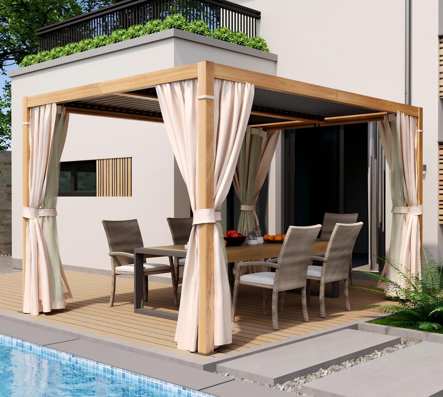 HAPPATIO Louvered Pergola 10' x13' Outdoor, Woodgrain-Look Aluminum Frame with Adjustable Rainproof Roof, Patio Pergola with Curtains and Mosquito Nets, Aluminum Frame for Patio, Backyard, Deck