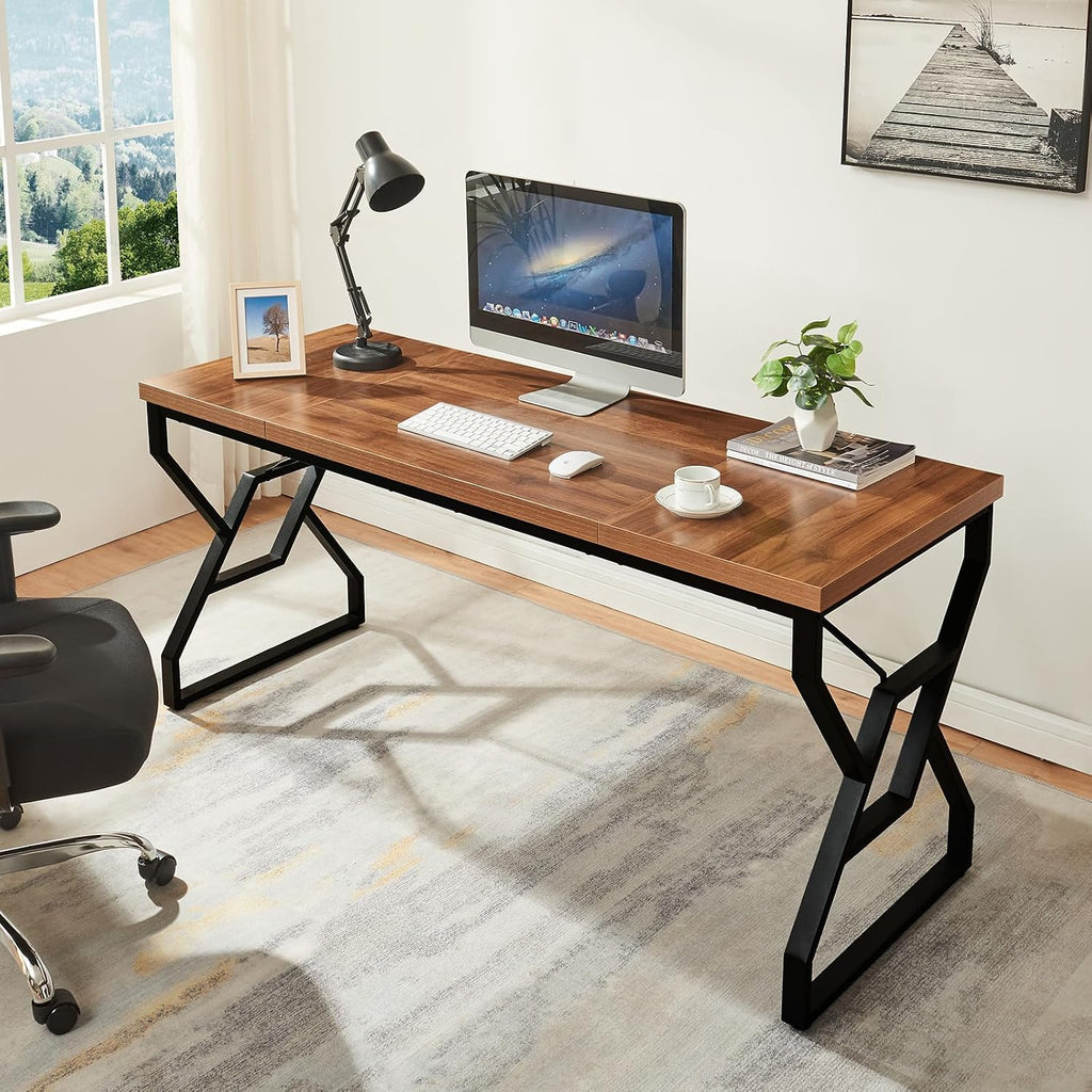 HOMISSUE 63-inch Executive Desk, Large Home Office Desk with Engineered Wood Tabletop and Metal Frame, Rustic Writing Desks with Sturdy Structure, Computer Desks for Home Office, Study Room,Brown