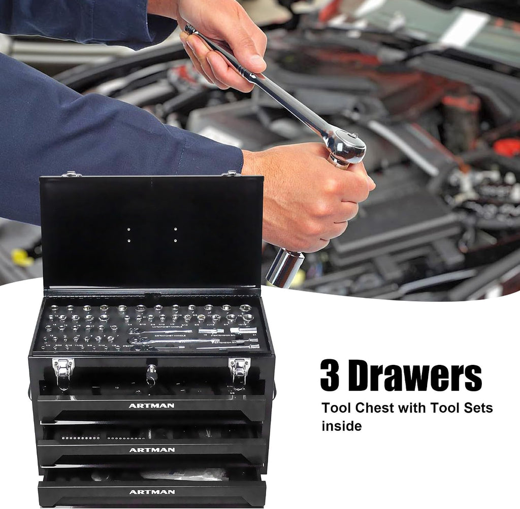 20' Portable 3 Drawer Steel Toolbox,Built in Tool Set,4 Layers of Tools with Metal Latches, with Top Storage Tray and carrying Handle, Multi-Function Tool Storage for Garage, Home,or Workbench