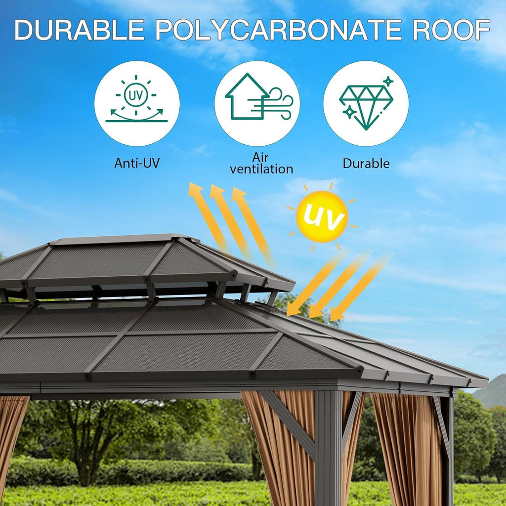 12'x10' Aluminum Permanent Hardtop Gazebo with Double Roof, Includes Removable Curtains & Mosquito Netting for Patio, Garden, and Backyard Use