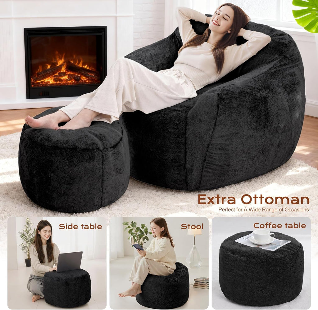 Giant Bean Bag Chair for Adults, Large Memory Foam BeanBag Chairs, Oversized Bean Bag Sofa with Filler, Faux Fur Big Reading Chair Comfy Floor Sofa Chair (Black, Single with Ottoman)