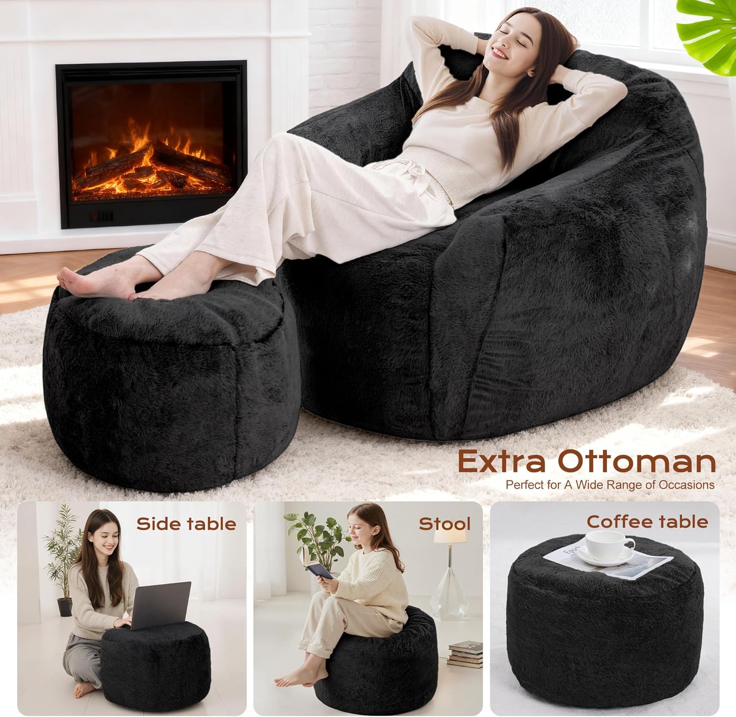 Giant Bean Bag Chair for Adults, Large Memory Foam BeanBag Chairs, Oversized Bean Bag Sofa with Filler, Faux Fur Big Reading Chair Comfy Floor Sofa Chair (Black, Single with Ottoman)