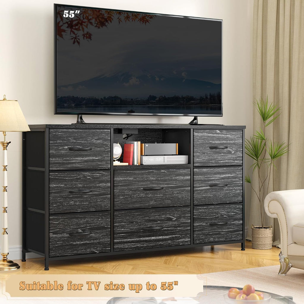 EnHomee Black Dresser for Bedroom with Charging Station, 8 Drawers Dressers & 55 inch TV Stand for Bedroom, Fabric Chest of Drawers with Open Shelves, Sturdy Dresser for Living Room, Hallway