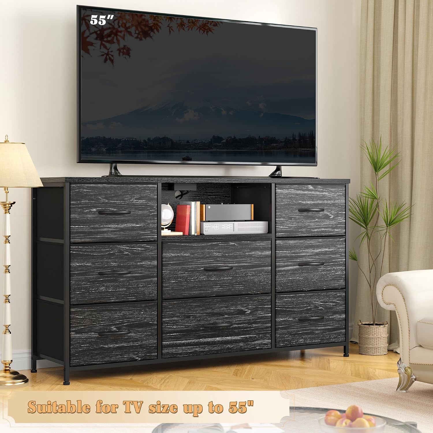 EnHomee Black Dresser for Bedroom with Charging Station, 8 Drawers Dressers & 55 inch TV Stand for Bedroom, Fabric Chest of Drawers with Open Shelves, Sturdy Dresser for Living Room, Hallway