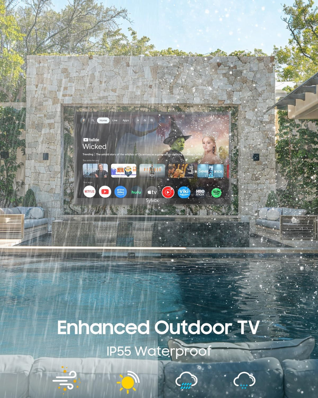 SYLVOX Pool Pro 2.0 55' Outdoor TV Bundle with Rolling TV Cart Stand – 2000 Nits, 4K UHD, IP55 Waterproof, Dolby Atmos, Google TV, Full Sun Visibility, Mobile All-Weather Entertainment Solution