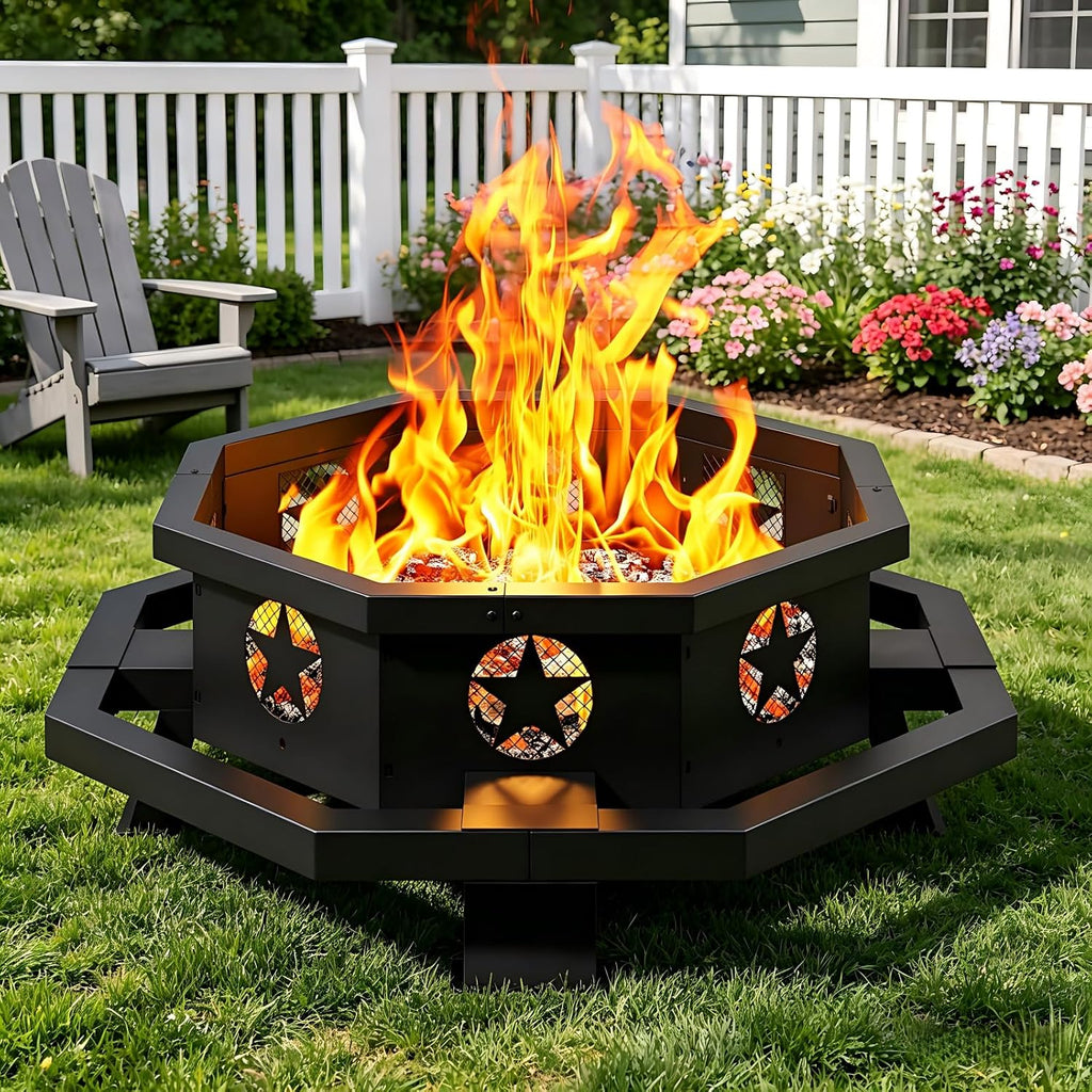 43 inch Large Fire Pit, Outdoor Fire Pit with Heavy Duty Construction, Wood Burning Fire Pits for Outside Octagonal Firepit for Camping, Backyard, Patio, Black