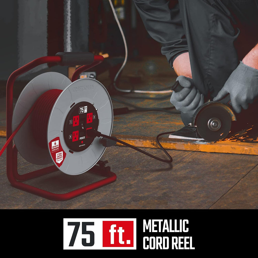 CRAFTSMAN 75 Ft. Contractor Retractable Extension Cord Reel with 4 Grounded Outlets, Heavy-Duty Steel Drum, 12AWG SJTW Cable, CSA Certified