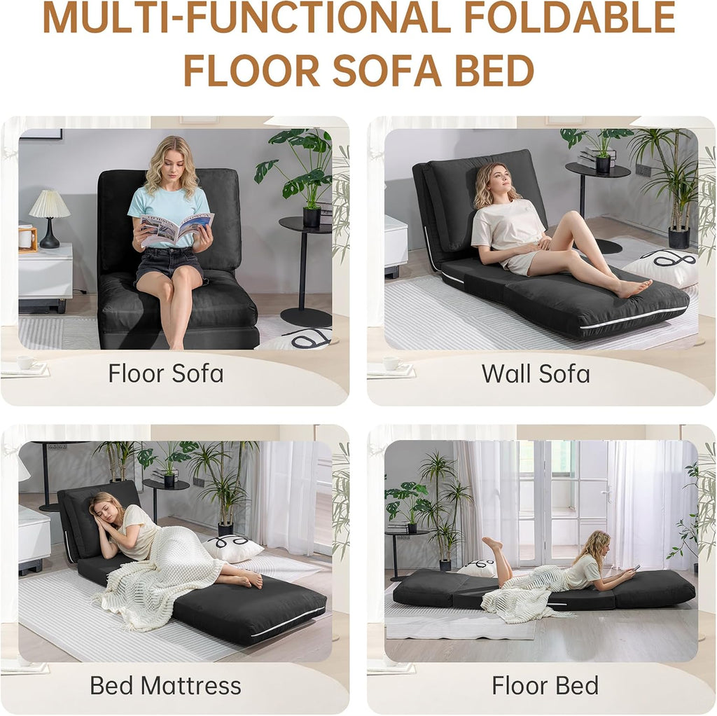 Cvortll 4-in-1 Folding Sofa Bed, Memory Foam Bean Bag Chair, Large Convertible Couch, Floor Foldable Sofa for Bedroom, Living Room, Apartment (Black)