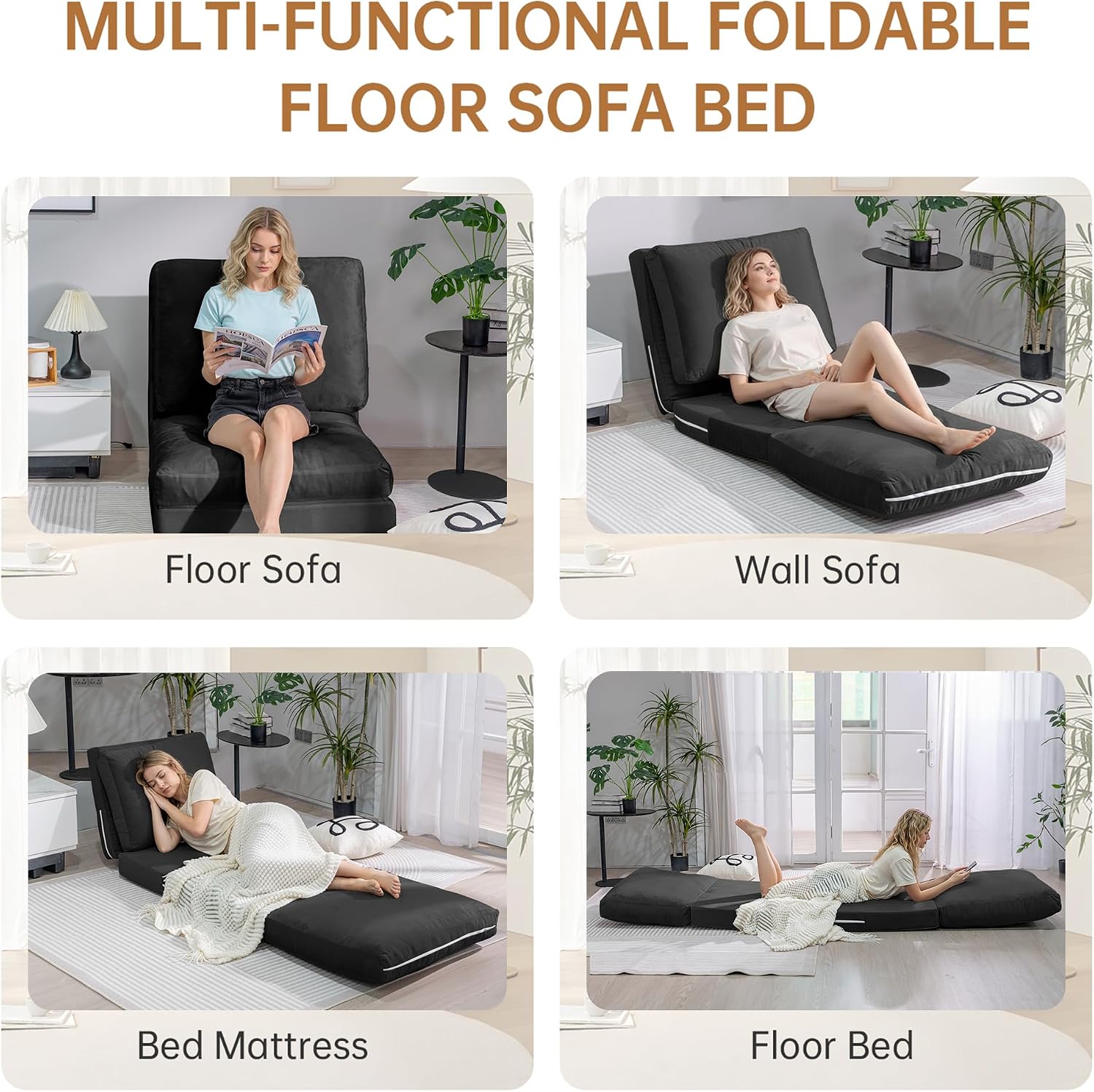 Cvortll 4-in-1 Folding Sofa Bed, Memory Foam Bean Bag Chair, Large Convertible Couch, Floor Foldable Sofa for Bedroom, Living Room, Apartment (Black)