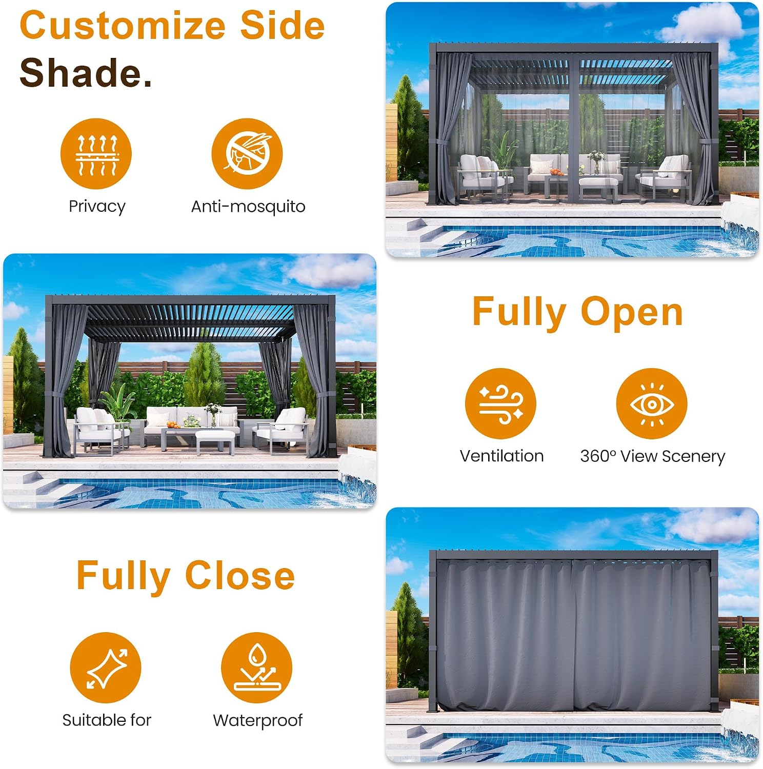 Kiss the Water 12'x16' Adjustable Louvered Pergola with Curtains & Netting, Heavy-Duty Metal Outdoor Gazebo with Adjustable Roof and Gutter System, Hardtop Patio Pergola for Garden, Yard, Dark Gray