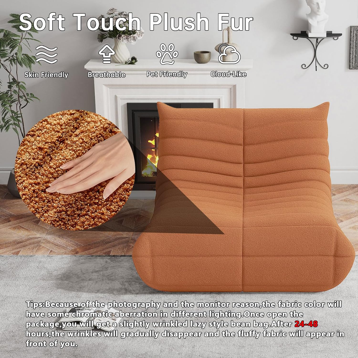 WHGBJA Bean Bag Chairs for Adults, BeanBag Reading Chair Memory Foam Couch 3-Seater, Floor Chair Soft Teddy Material, Comfy Reading Nook Chairs for Bedroom Living Room Office (Orange)