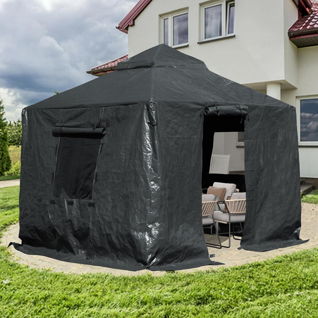 Domi 10'x10' Universal Winter Gazebo Cover - All Season Waterproof Enclosed Cover with Sidewalls and Mesh Windows, Gray