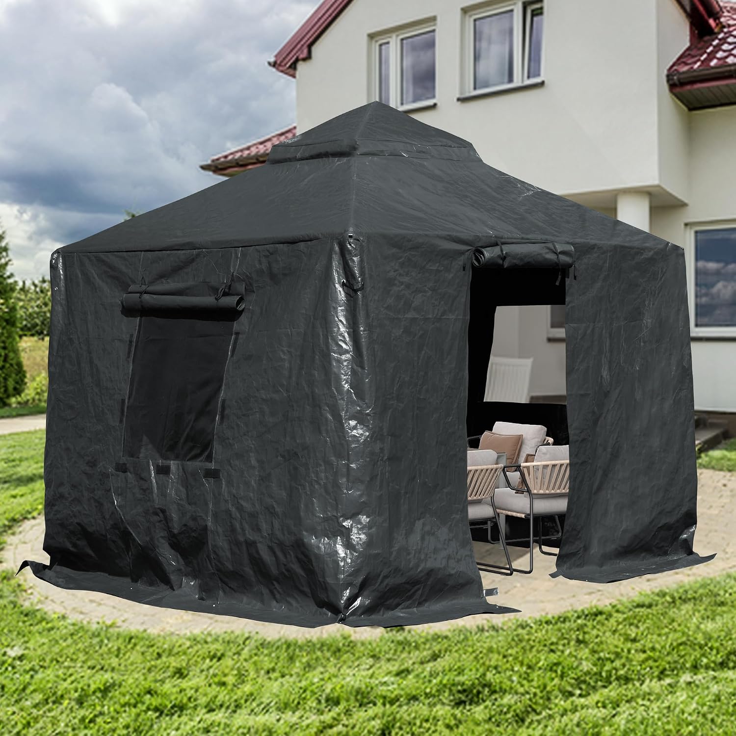 Domi 10'x10' Universal Winter Gazebo Cover - All Season Waterproof Enclosed Cover with Sidewalls and Mesh Windows, Gray
