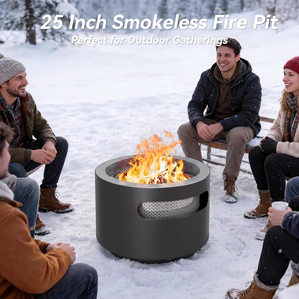 ALAULM 25 Inch Smokeless Fire Pit Tabletop, Stainless Steel Wood Burning Firepit for Outdoor Patio, Includes Weather-Resistant Cover