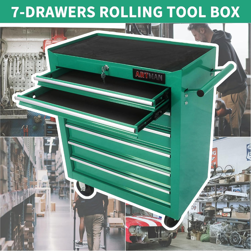 Larmliss 7 Drawers Rolling Tool Box，Tool Cart on Wheels，Locked Drawers Storage Organizer Cabinet for Garage, Warehouse, Repair Shop, Workshop